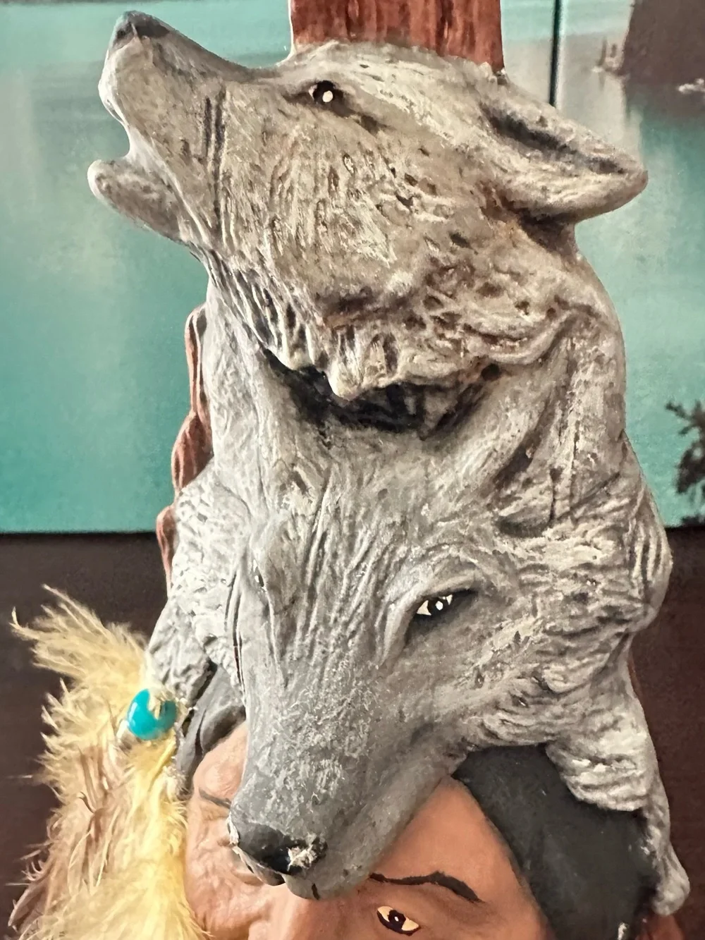 Handcrafted Native Spirit Wolf and Chief Home Accent - Gray and Brown